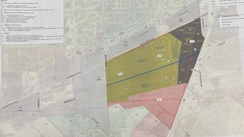 Map from the US Aggregates rezoning application showing the 1,600-acre proposed site on Homestead Road surrounded by residential neighborhoods, hospitals, schools, and wetlands in Southwest Allen County.